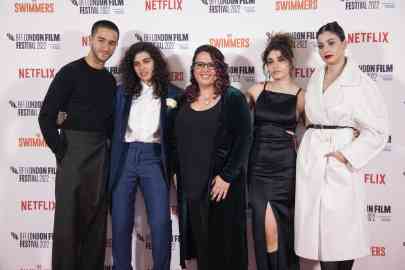 Ahmed Malek, Manal Issa, Sally El Hosaini, Nathalie Issa and Yusra Mardini pose for photographers upon arrival for the premiere of the film 'The Swimmers' on October 9, 2022 | Photo: AP 
