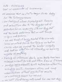 Letter from Syrian hunger strikers in Leznowola, Poland, obtained by OKO.press | Source: Screenshot from OKO.press, April 28, 2022