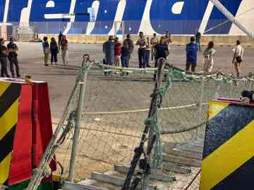 The Mediterranea ship's steps docked at the port of Trapani, in Sicily, where it reached last Saturday night with 10 migrants it rescued in the Sicilian Channel on 24 August 2025 | Photo: ANSA/Francesco Terracina
