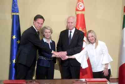 Tunisian president Kaïs Saïed at the signing of the accord on 16 July, 2023, with the European Commission president Ursula von der Leyen, the prime minister of Italy, Georgia Meloni and the Netherlands, Mark Rutte | Photo : Reuters