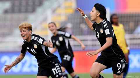 Manozh Noori (No.9) converted a penalty to score the first international goal for an Afghan women's team since 2021 | Photo: Mahmoud Khaled/FIFA/Getty Images