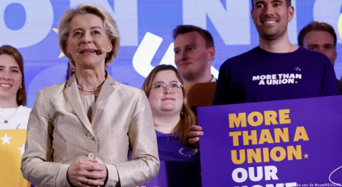 EU Commission President Ursula von der Leyen addressed supporters in Brussels on Sunday evening. | Photo: Piroschka van de Wouw/REUTERS