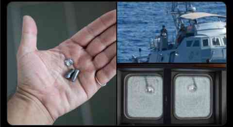 This combo photo published by SOS Mediterranée in a post on X shows bullets shot by the Libyan Coast Guard against the ship Ocean Viking, on August 24, 2025 | Source: X/SOSMedItalia
