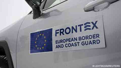 Frontex logo pictured during a joint briefing of Frontex and the Finnish Border Guard on the eastern border at the Vaalimaa border station in Virolahti, Finland, December 7, 2023.  Lehtikuva/via REUTERS