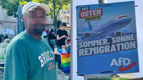 Ethiopian migrant Sagni Fayisa (name changed), AfD election poster | Photos: Benjamin Bathke/InfoMigrants / picture-alliance/dts-Agentur