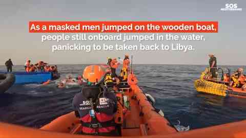 A frame from the video of the rescue operation conducted by Ocean Viking, disturbed by "masked men" in Libyan SAR waters | Photo: SOS MEDITERRANEE