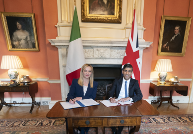 From file: Italian and British Prime Ministers Giorgia Meloni and Rishi Sunak have regularly discussed migration | Source: Italian government press office www.governo.it