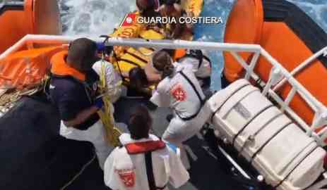 A still from an Italian coast guard video shows rescue efforts after a boat carrying migrants capsized at sea. September 4, 2024 | Photo: ANSA / GUARDIA COSTIERA