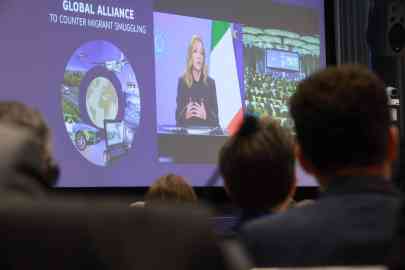  Italian Prime Minister Giorgia Meloni delivering a video address to the Conference on the Global Alliance to Counter Migrant Smuggling in Brussels, Belgium, 10 December 2025 | Photo: EPA/OLIVIER HOSLET