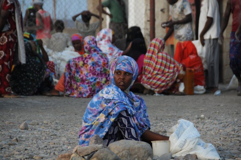 African migrants gathering at a UNHCR-run Kharaz refugee camp in the southern province of Lahj, Yemen. | Credit: EPA